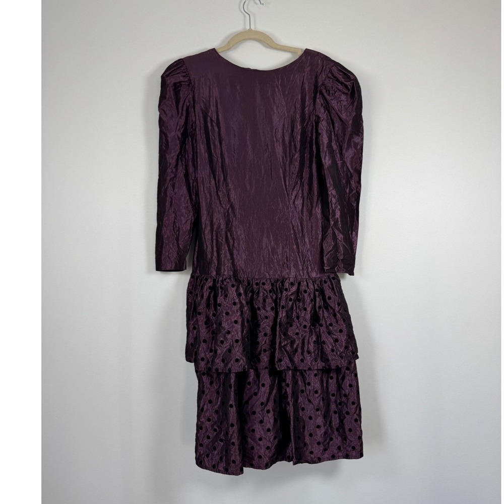 Handmade Vintage 80s Dress Womens M Purple Polka Dot Drop Waist Puff Sleeve Plum